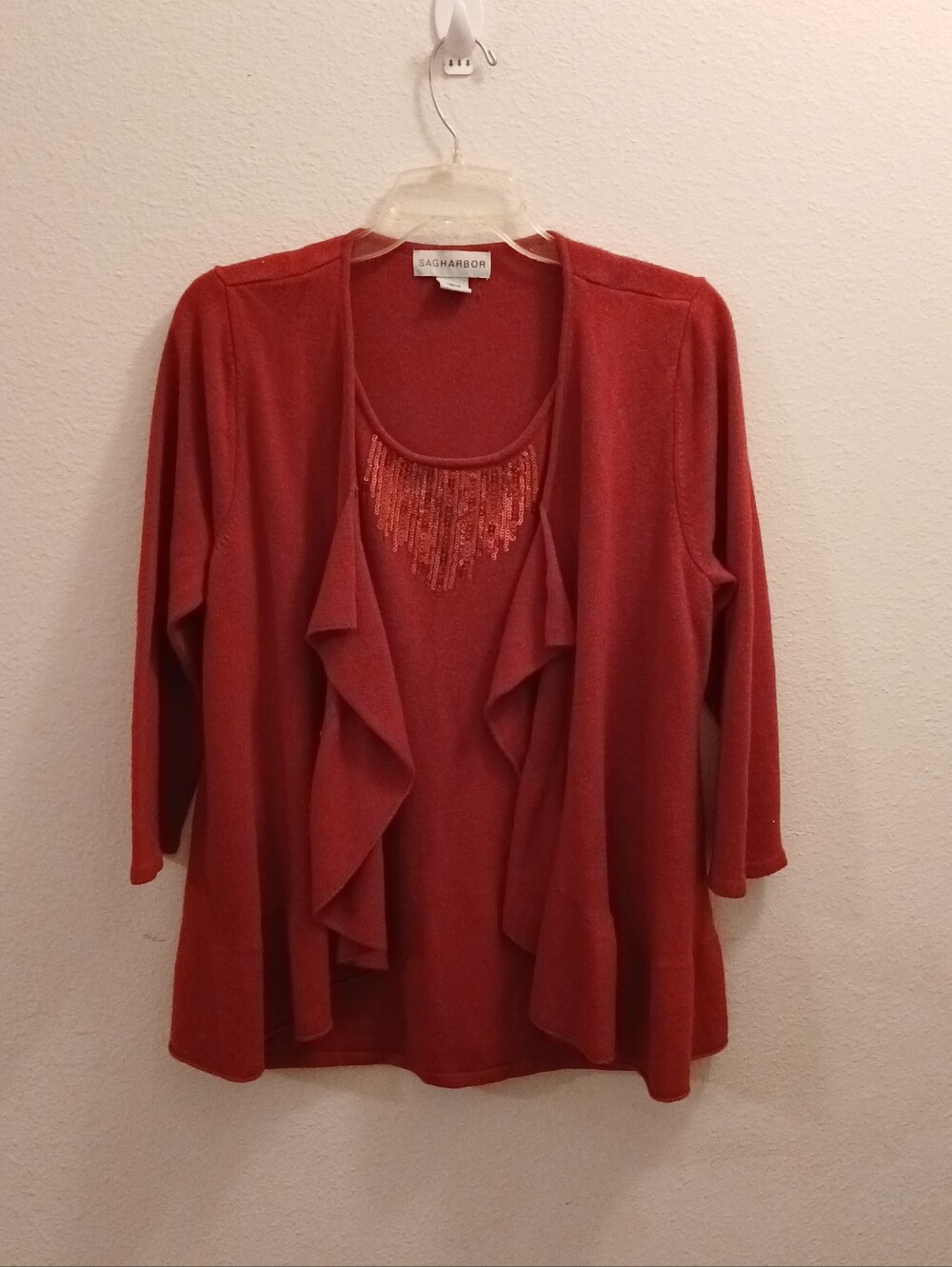 Sag Harbor Cherry Red Draped Front Cardigan Attached Top Size L Sequined  Chic